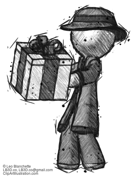 Sketch Detective Man Presenting A Present With Large Bow On It #3505