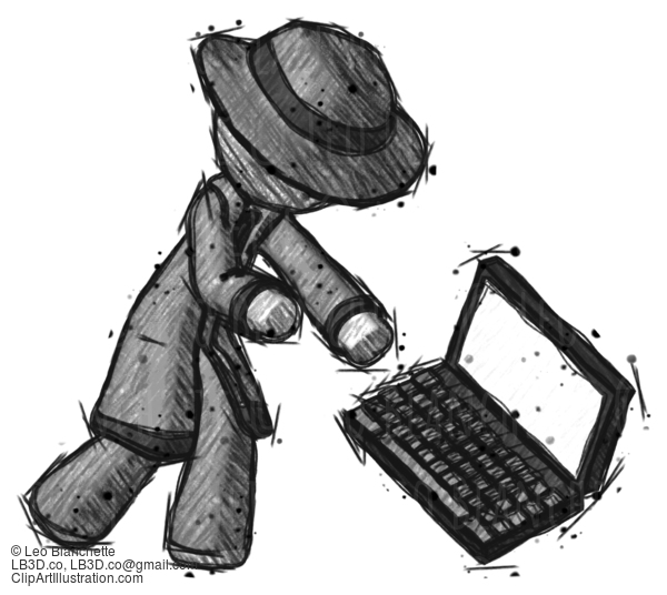 Sketch Detective Man Throwing Laptop Computer In Frustration #3520