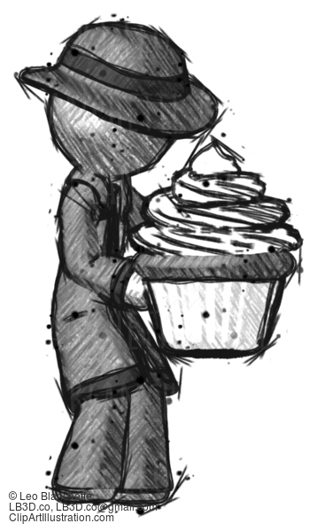 Sketch Detective Man Holding Large Cupcake Ready To Eat Or Serve #3521