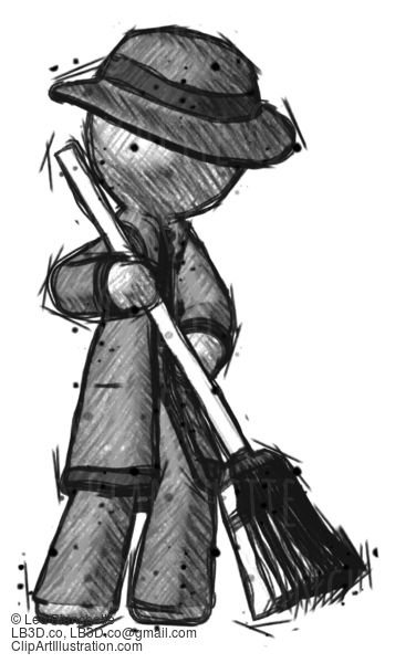 Sketch Detective Man Sweeping Area With Broom #3522