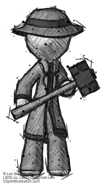 Sketch Detective Man With Sledgehammer Standing Ready To Work Or Defend #3529