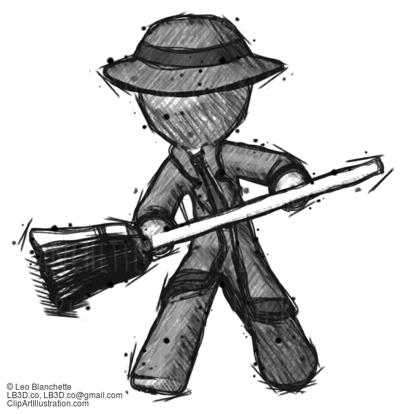 Sketch Detective Man Broom Fighter Defense Pose #3559