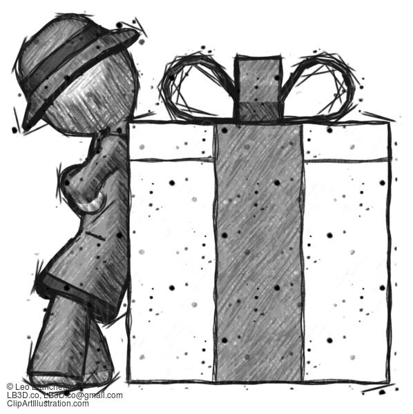 Sketch Detective Man Gift Concept - Leaning Against Large Present #3574