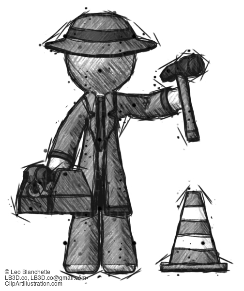 Sketch Detective Man Under Construction Concept, Traffic Cone And Tools #3575