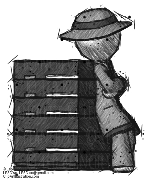 Sketch Detective Man Resting Against Server Rack Viewed At Angle #3579