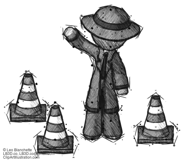 Sketch Detective Man Standing By Traffic Cones Waving #3580