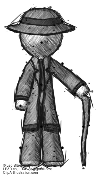 Sketch Detective Man Standing With Hiking Stick #3587