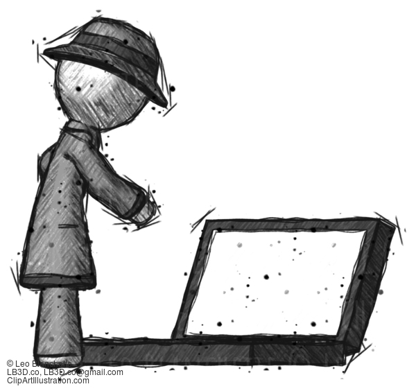 Sketch Detective Man Using Large Laptop Computer Side Orthographic View #3593