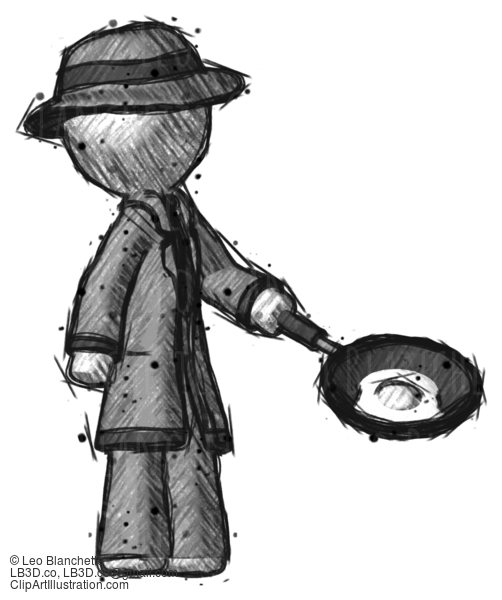 Sketch Detective Man Frying Egg In Pan Or Wok Facing Right #3601