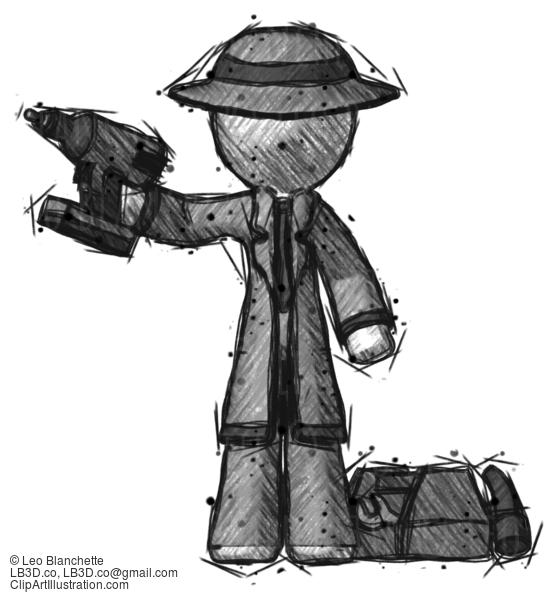 Sketch Detective Man Holding Drill Ready To Work, Toolchest And Tools To Right #3602