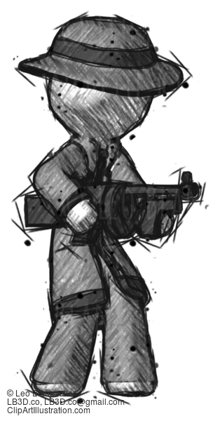 Sketch Detective Man Tommy Gun Gangster Shooting Pose #3614