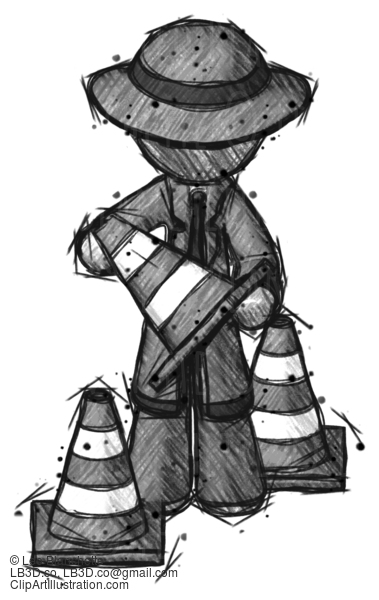 Sketch Detective Man Holding A Traffic Cone #3617