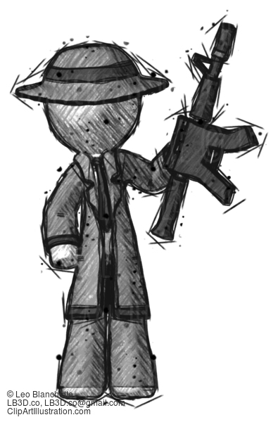 Sketch Detective Man Holding Automatic Gun #3620