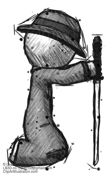 Sketch Detective Man Kneeling With Ninja Sword Katana Showing Respect #3623