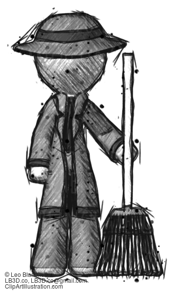 Sketch Detective Man Standing With Broom Cleaning Services #3628