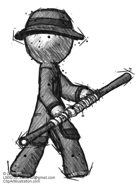 Sketch Detective Man Holding Bo Staff In Sideways Defense Pose #3631