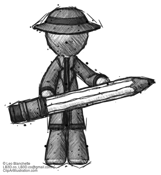 Sketch Detective Man Writer Or Blogger Holding Large Pencil #3647