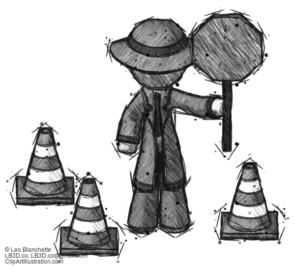 Sketch Detective Man Holding Stop Sign By Traffic Cones Under Construction Concept #3648