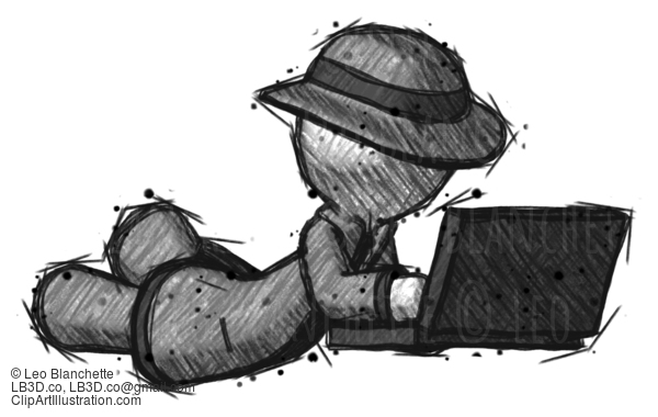 Sketch Detective Man Using Laptop Computer While Lying On Floor Side Angled View #3661