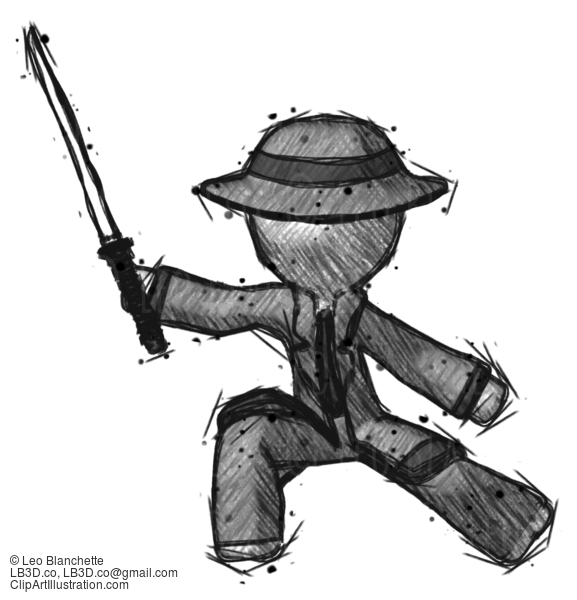 Sketch Detective Man With Ninja Sword Katana In Defense Pose #3664