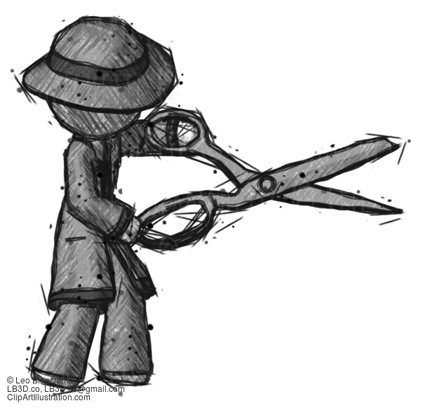 Sketch Detective Man Holding Giant Scissors Cutting Out Something #3667