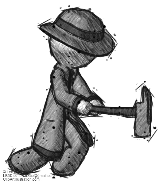 Sketch Detective Man With Ax Hitting, Striking, Or Chopping #3674