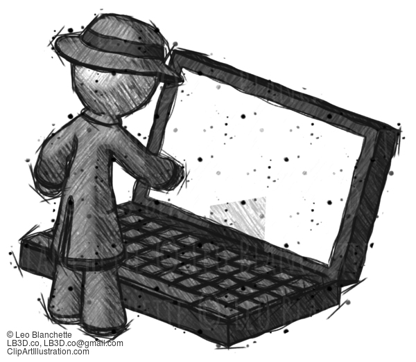 Sketch Detective Man Using Large Laptop Computer #3680