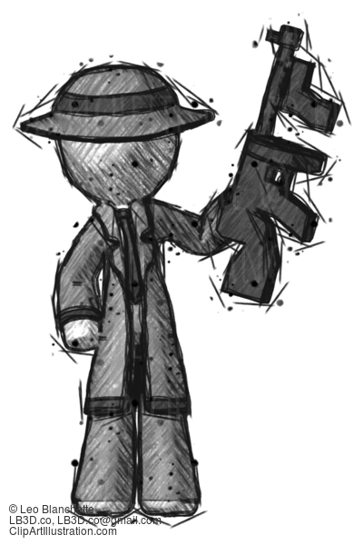 Sketch Detective Man Holding Tommygun #3683