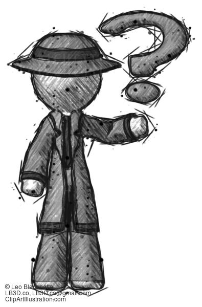 Sketch Detective Man Holding Question Mark To Right #3686