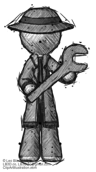 Sketch Detective Man Holding Large Wrench With Both Hands #3687