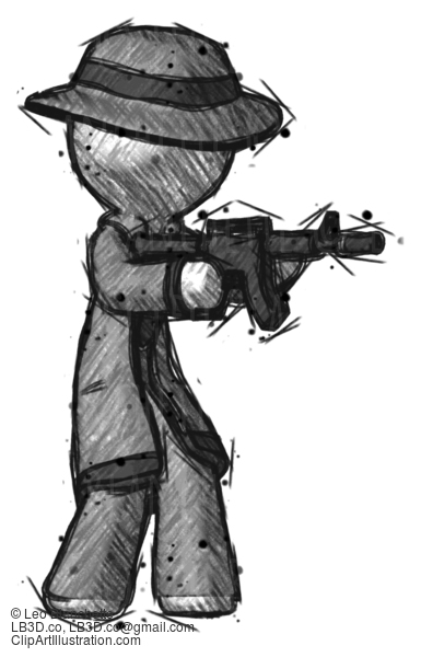 Sketch Detective Man Shooting Automatic Assault Weapon #3688