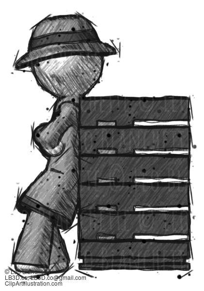 Sketch Detective Man Resting Against Server Rack #3697