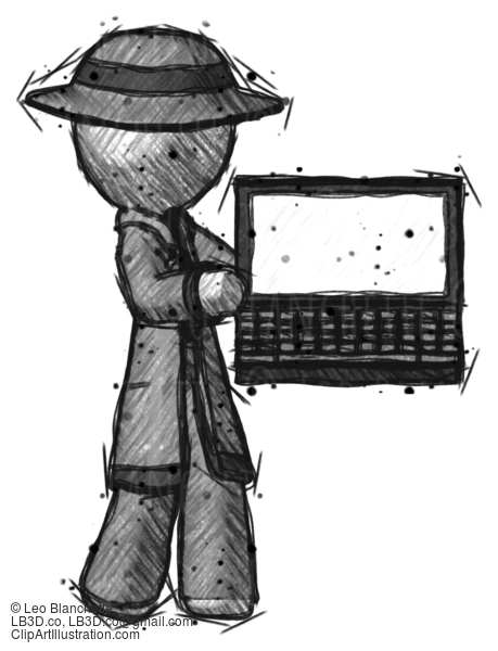 Sketch Detective Man Holding Laptop Computer Presenting Something On Screen #3708