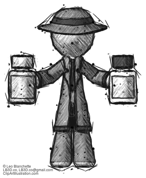 Sketch Detective Man Holding Two Medicine Bottles #3711