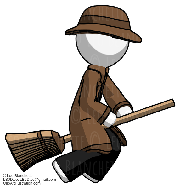 White Detective Man Flying On Broom #1004