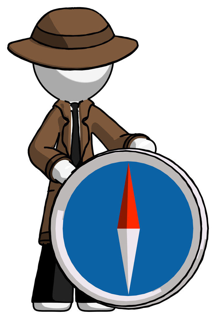 White Detective Man standing beside large compass