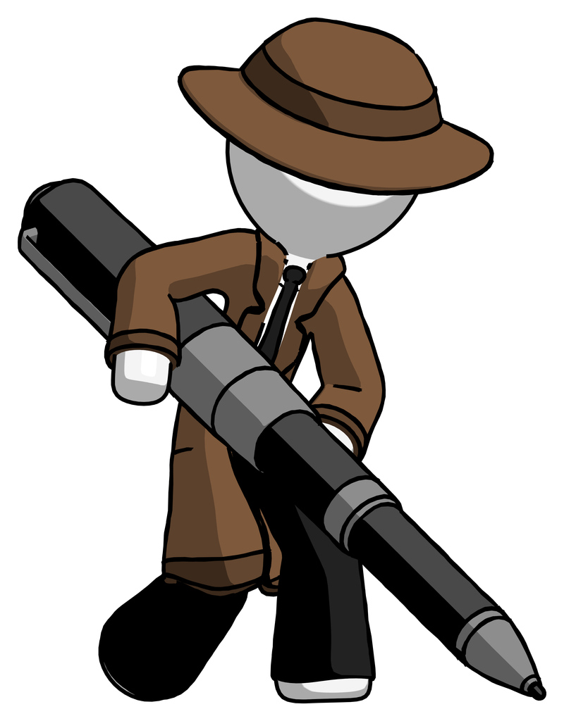 White Detective Man Writing with a really big pen