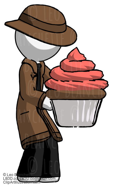 White Detective Man Holding Large Cupcake Ready To Eat Or Serve #1065