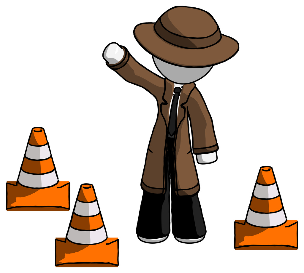 White Detective Man Standing By Traffic Cones Waving