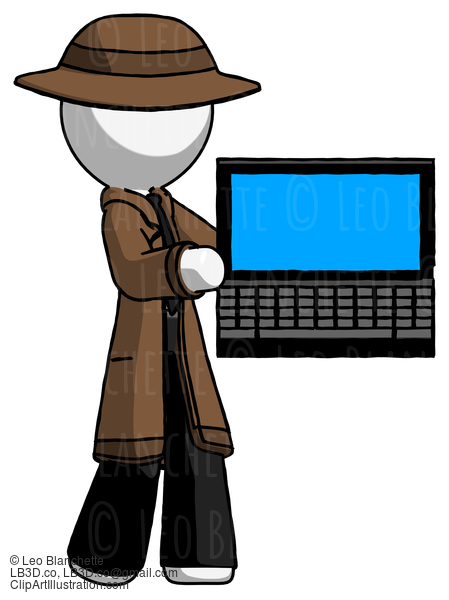 White Detective Man Holding Laptop Computer Presenting Something On Screen #1084