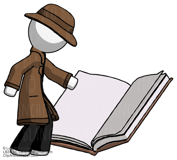 White Detective Man Reading Big Book While Standing Beside It #1089