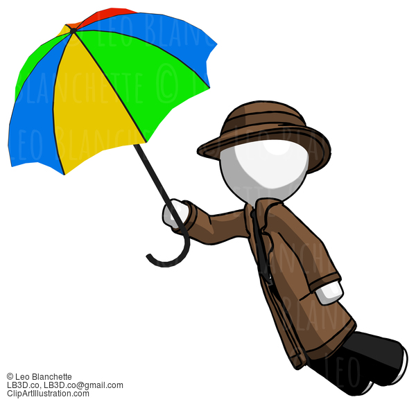 White Detective Man Flying With Rainbow Colored Umbrella #1098