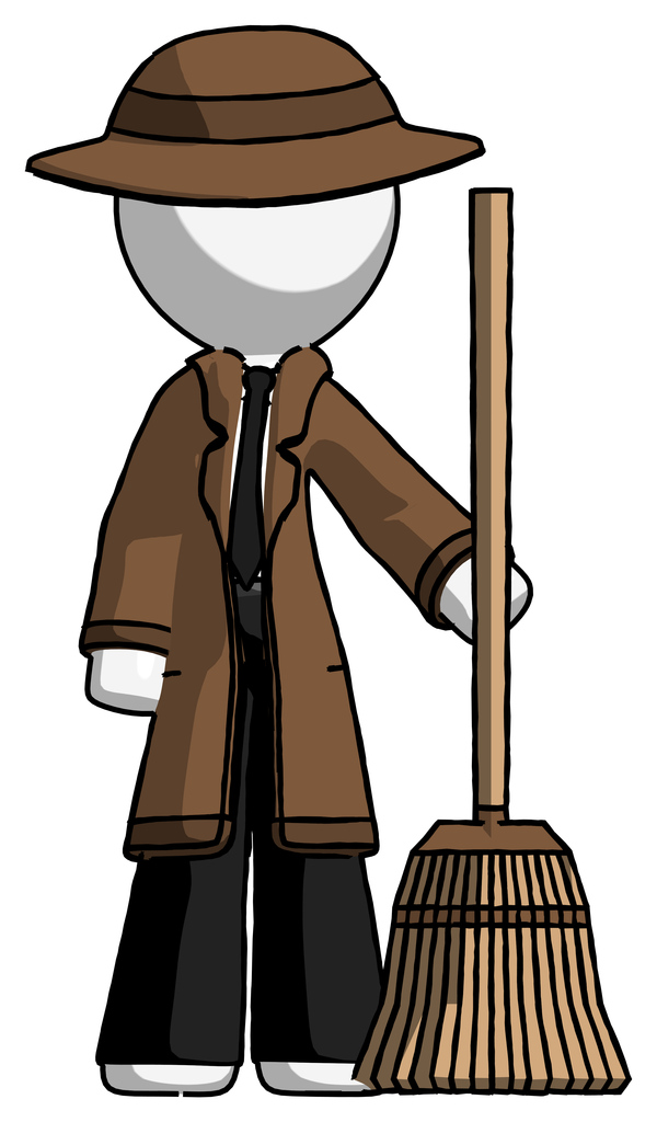 White Detective Man standing with broom cleaning services