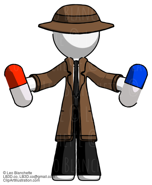 White Detective Man Holding A Red Pill And Blue Pill #1110