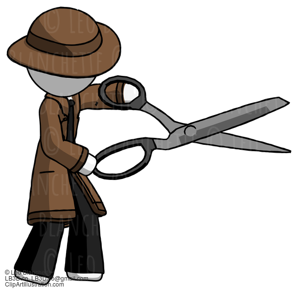 White Detective Man Holding Giant Scissors Cutting Out Something #1190