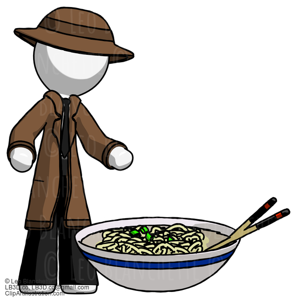 White Detective Man And Noodle Bowl, Giant Soup Restaraunt Concept #1191