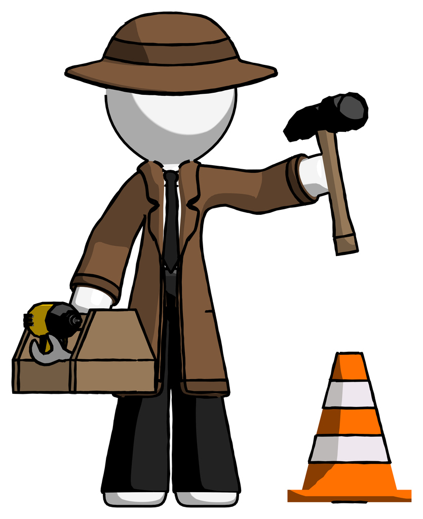 White Detective Man Under Construction Concept, Traffic Cone And Tools