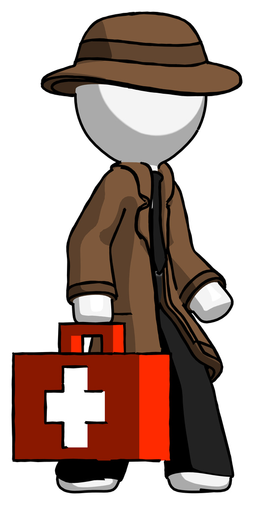 White Detective Man Walking With Medical Aid Briefcase To Right