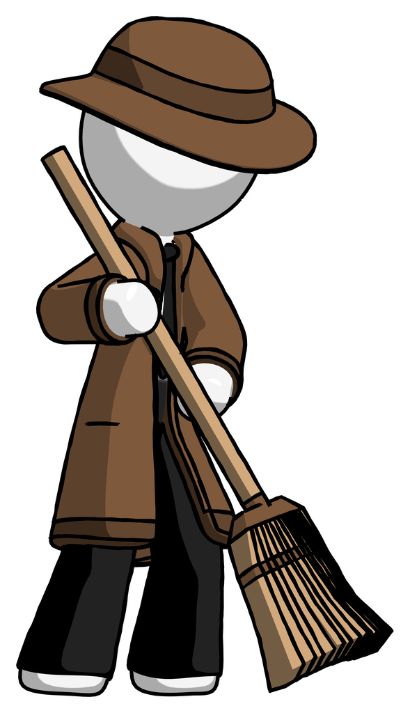 White Detective Man sweeping area with broom