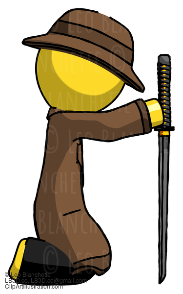 Yellow Detective Man Kneeling With Ninja Sword Katana Showing Respect #3111